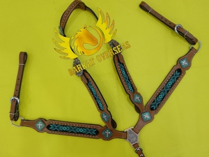 Ensemble d'accessoires de selle western saisonnier léger en cuir véritable perlé coloré pour chevaux, comprenant la têtière et la selle de poitrine - Product Image 3