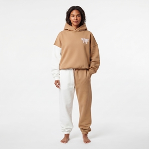 Conjunto Deportivo Personalizado para Mujer, 100% Algodón Felpa, Diseño en Contraste, Corte Holgado, Sudadera con Capucha, Manga Larga, Hombros Caídos, Puños Acanalados, Pantalones Jogger con Cordón - Product Image 1