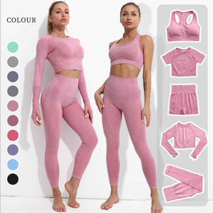 Conjunto Deportivo de Tres Piezas para Mujer, Azul Grisáceo, Top Corto Elástico, Sujetador Deportivo y Leggings, Ropa Deportiva Informal, Ajuste Delgado - Product Image 4