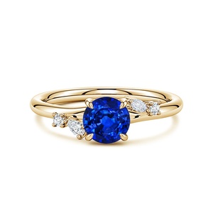 Anillo de Compromiso de Oro Sólido de 14K con Zafiro Azul de Corte Redondo de 6MM y 1 Quilate con Detalles de Diamantes Naturales Certificados de Varias Formas, Joyería Fina - Product Image 1