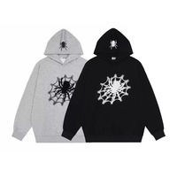 Sudadera con Capucha Negra para Hombre con Estampado de Telaraña Plateada, Corte Holgado, Estilo Casual, Diseño con Estampado Metálico, Manga Regular, Tejido de Punto