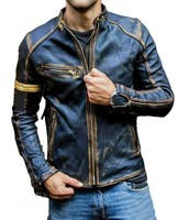 Veste Cafe Racer noire et or - Cuir de vachette vieilli authentique - Veste Cafe Racer en cuir Performance Geometry Slim-Fit
