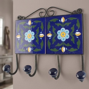 Blue Ceramic Tile Wall Hooks With Flower Pattern 4 Hooks Vintage Style Handmade Coat Rack - Product Image 3