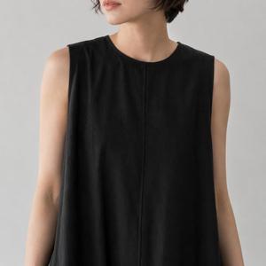 Robe maxi élégante en coton et lin noir uni, col rond, sans manches, coupe ample avec poches, robe maxi décontractée d'été - Product Image 3