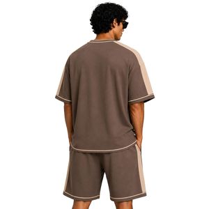 Brown Mens Oversized T Shirt And Shorts <b>Set</b> Beige Contrast Panels Custom Logo Crew Neck Casual Streetwear Wholesale Manufacturer - Product Image 2