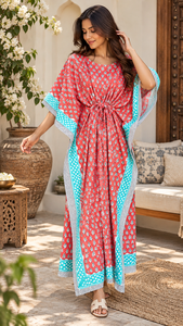 Robe Kaftan Imprimée en Coton pour Femme, Tunique Florale Ample, Paréo de Plage, Tenue de Vacances d'Été, Robe de Voyage - Product Image 1