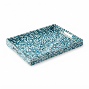 Plateau rectangulaire en nacre avec incrustation de mosaïque de coquillages, plateau de service décoratif haut de gamme pour table basse, ottoman, hôtel et maison - Product Image 5