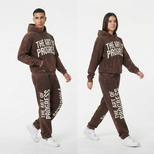 Vintage Acid Wash Printed Flare Sweatpants Hoodie <b>Set</b> Winter Pullover Distressed <b>Embroidery</b> Tracksuit Baggy 500gsm Fleece - Product Image 3
