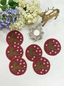 Handmade Bohemian Round Christmas Table Mats Red Beaded Reindeer Design Eco-Friendly Fabric <b>Coasters</b> <b>Set</b> <b>of</b> <b>6</b> Holiday <b>Placemats</b> - Product Image 5