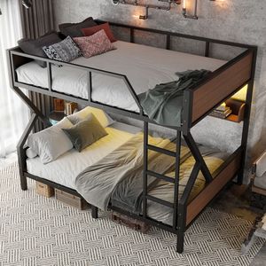 Letto a Castello in Metallo Queen Over Queen con Ripiani Portaoggetti e Luci, Design Salvaspazio e Silenzioso, Colore Nero - Product Image 2