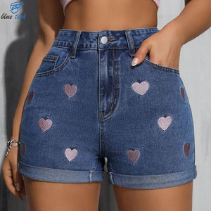 Custom <b>Women's</b> Heart Embroidered Denim Shorts High Waist Blue <b>Jean</b> Shorts OEM ODM Wholesale Manufacturer - Product Image 1