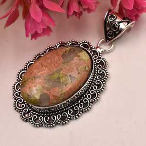 Pendentif élégant bohème en pierre d'Unakite, fait main, en argent sterling 925, bijou en cristal, cadeau NIKHIL GEMS, vintage, pour fiançailles, troisième anniversaire - Product Image 2