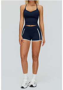 Ensemble d'entraînement taille haute pour femme, marque privée, écologique, respirant, en Spandex/Nylon, séchage rapide, avec short color block et poches assorties - Product Image 2