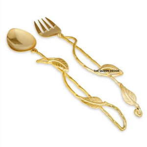 <b>Set</b> Elegant Gold Finish Perfect for Dining Decor Gifting <b>and</b> Server Use Premium Leaf Handle Brass <b>Spoon</b> <b>and</b> <b>Fork</b> Cutlery - Product Image 1