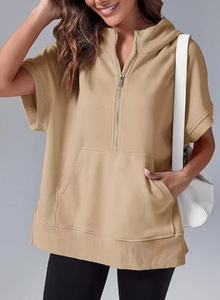 Hoodie décontracté à manches courtes pour femmes, nouvelle collection printemps, couleur unie, style européen et américain - Product Image 2