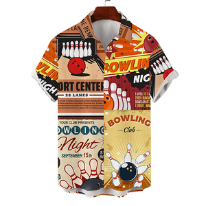 Chemise Hawaïenne Homme Thème Bowling Manches Courtes Imprimée Tenue de Vacances Respirante 100% Coton Anti-Plis Tricotée Chemises d'Été - Product Image 1