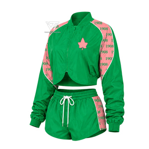 Alfa Griega al por Mayor |   Kapa |   Alfa |   AKA Sorority Clothing Conjunto de chándal corto de 2 piezas para mujer, chaqueta cortavientos y pantalones cortos - Product Image 1