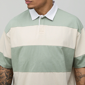 Chemise polo en tricot à col blanc rayé large coupe classique, couleur personnalisée, col rabattu, manches courtes, pour homme - Product Image 3