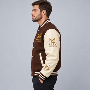 Chaqueta Varsity para Hombre en Color Marrón con Bloques de Color, Logotipo Bordado en Dorado, Cuerpo de Lana, Mangas de PU, Cuello Alto, Botones a Presión, Abrigo de Invierno - Product Image 5