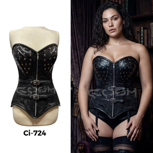 Corset long noir gothique en brocart floral avec baleines en acier, panneaux de poitrine en cuir rivetés et fermeture éclair - Product Image 5