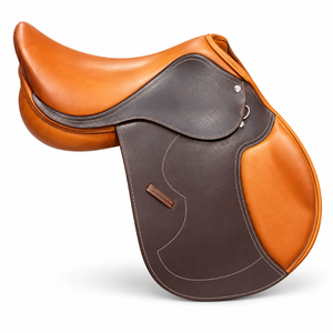 Selle d'équitation en cuir bicolore avec siège sculpté et panneau contrastant |   Selle d'équitation anglaise avec surpiqûres et bordures fines - Product Image 1