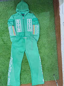 Survêtement brodé Patch en détresse de couleur verte pour homme Vintage Streetwear Flare et ensemble de survêtements à capuche effet Vintage - Product Image 3