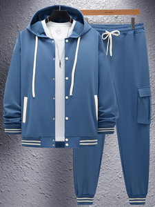 Men's Hooded Sweatshirt Set Blue Solid Color French Terry Casual Two-Piece Jogger Pants With Pockets Autumn Wear Set Winter - Product Image 2