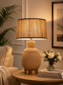 Lámpara de Mesa de Ratán con Marco Metálico, Lámpara de Pie para Dormitorio, Pantalla Tejida, Luz Decorativa para Sala de Estar, Dormitorio, Decoración de Hogar de Lujo - Product Image 6