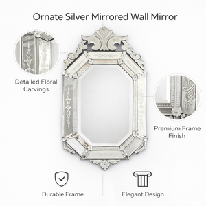 Miroir mural baroque vénitien antique orné |   Miroir décoratif vintage à cadre sculpté pour une décoration élégante du salon - Product Image 2