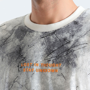 T-shirt en coton structuré à épaules tombantes, col rond, manches courtes, imprimé délavé, style hip-hop, coupe oversize - Product Image 2