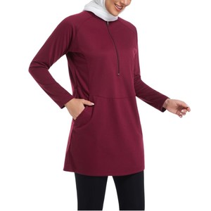 Modest Sportswear <b>Women's</b> Long Sleeve Zip Front <b>Tunic</b> Top Burgundy Casual Activewear <b>Dress</b> with Pockets - Product Image 3