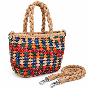 Sac à main carré en jute tressé multicolore personnalisable et écologique avec poignées tressées et bandoulière amovible à motif lettres - Product Image 4