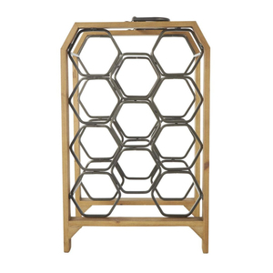 Estante para Vinos de Madera Estilo Industrial Rústico para 11 Botellas con Soportes Hexagonales de Metal Gris, Independiente para Encimera, Madera de Abeto Marrón - Product Image 1