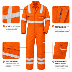 Orange Silver Reflective Spandex Hi Visibility Industrial Work Coverall Heavy Duty <b>Overall</b> Storm Flap Cargo Pockets Reinforced - Product Image 4