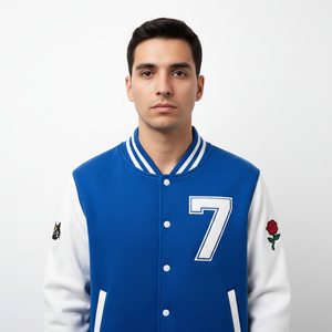 Chaqueta Varsity Azul para Hombre Directwise con Bordado del Número 7 y Parche de Rosa, Estilo Preppy para Otoño - Product Image 4