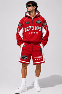 Custom Unisex Red Nylon Autumn Short Set Hooded <b>Zip</b>-<b>Up</b> <b>Jacket</b> Contrast Panel Track Shorts Front Logo Waterproof - Product Image 2