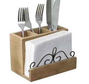Wooden Cutlery Holder with Napkin Holder <b>Kitchen</b> Utensil Organizer Spoon Fork Knife Storage Countertop <b>Table</b> Stand - Product Image 1