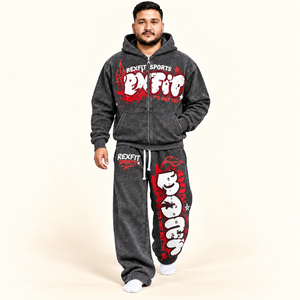 Ensemble de survêtement polaire zippé RexFit pour homme avec imprimé graphique audacieux, pantalon décontracté, poignets côtelés, taille à cordon de serrage, étiquette personnalisée - Product Image 2