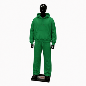 Ensemble de survêtement vert oversize pour hommes et femmes, sweat-shirt uni à capuche et pantalon de survêtement à jambes larges, style streetwear décontracté, vente en gros - Product Image 1