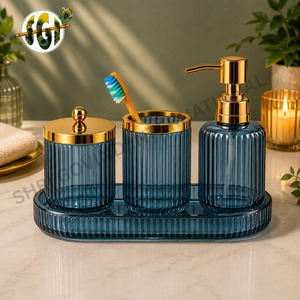 Luxury Five-Piece Ribbed Glass <b>Bathroom</b> <b>Accessories</b> <b>Set</b> Gold Finish Durable Easy Clean Soap Dispenser Toothbrush Holder Storage - Product Image 3