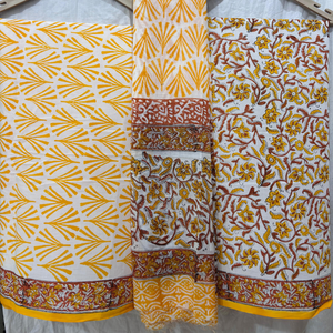 Yellow White Floral Cotton Kurti Sarong <b>Pyjama</b> Set | High Quality Hand Block Print Women Punjabi Suit Set Handmade Masterpiece - Product Image 1