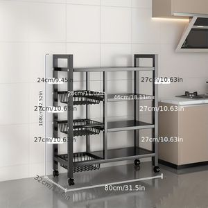 Scaffale Mobile da Cucina a 4 Livelli con 3 Cestelli in Acciaio al Carbonio e Ruote Scorrevoli Universali - Product Image 2