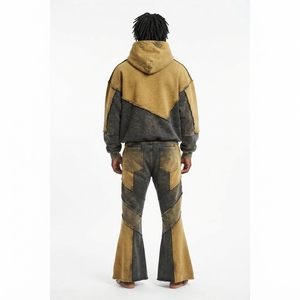 Ensemble survêtement homme gris moutarde avec veste zippée color block et pantalon large – Tenue décontractée et tendance personnalisable pour le streetwear - Product Image 2