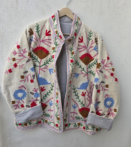 Hand-Embroidered Velvet <b>Quilted</b> Jacket Inspired Ancient Uzbek Suzani Motifs Eco-Friendly Breathable Cotton Lining Boho Floral - Product Image 1
