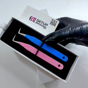 Pince à épiler pour cils de haute qualité, bleue/rose, avec revêtement en poudre, pointe argentée 90°, pointe lisse, découpe personnalisée - Product Image 2