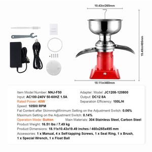 Separatore Centrifugo per Crema di Latte in Acciaio Inox 304, Elettrico, 100L/H 10500RPM, Processore per Latte di Capra 30 Pollici - Product Image 4