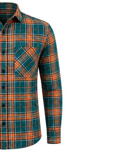 Manufacturer Teal Orange Plaid Men Casual Flannel Shirt Slim Fit Button Down Long Sleeve <b>Checkered</b> Cotton Fashion <b>Top</b> Wear - Product Image 3
