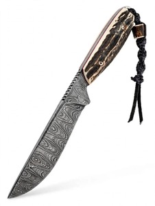 Couteau de chasse en acier Damas, manche en bois de cerf, pointe clip, lame droite avec cordon, fait main et personnalisé - Product Image 3