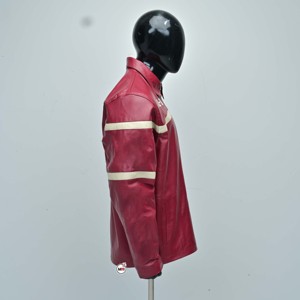 Factory Made <b>Mens</b> Red Real Leather <b>Jacket</b> With <b>White</b> Stripes Zipper Closure Turn-down Collar Casual Style Autumn Wear <b>Jackets</b> - Product Image 3