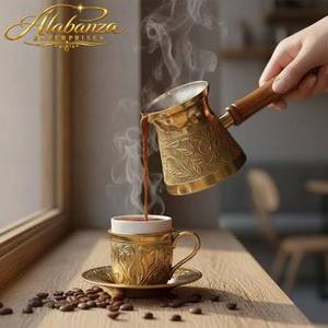 Cafetière turque en laiton et acier inoxydable Alabanza Enterprises avec poignée en bois, design luxueux et écologique pour la préparation du café - Product Image 1